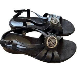 Strictly Comfort Black Leather Strappy Sandals Women 7.5 Low Wedge Shoes Comfort